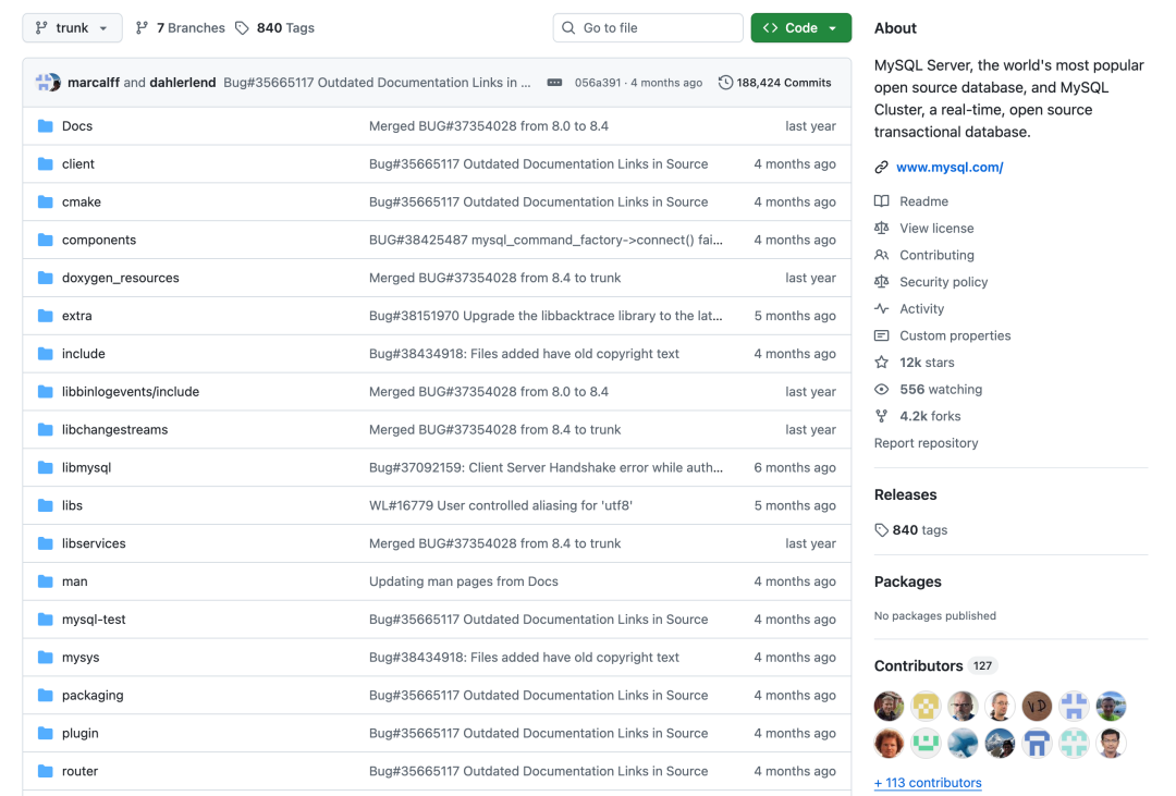 MySQL在GitHub的官方仓库截图,显示文件目录与活动信息
