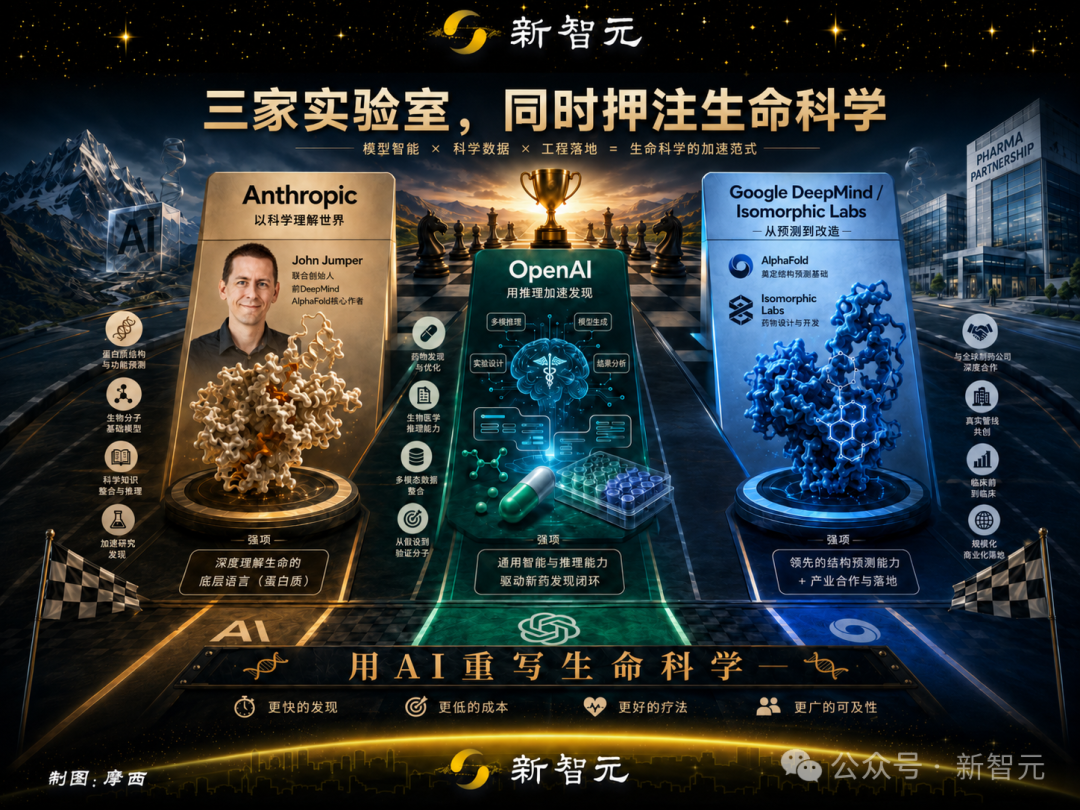 三家顶级实验室同时押注AI生命科学的对比海报