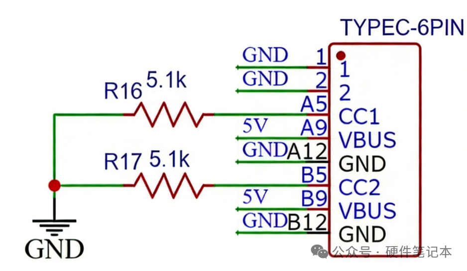 Type-C接口CC引脚5.1k下拉电阻典型连接电路图