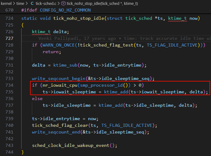 tick_nohz_stop_idle 函数中更新 iowait_sleeptime 的逻辑
