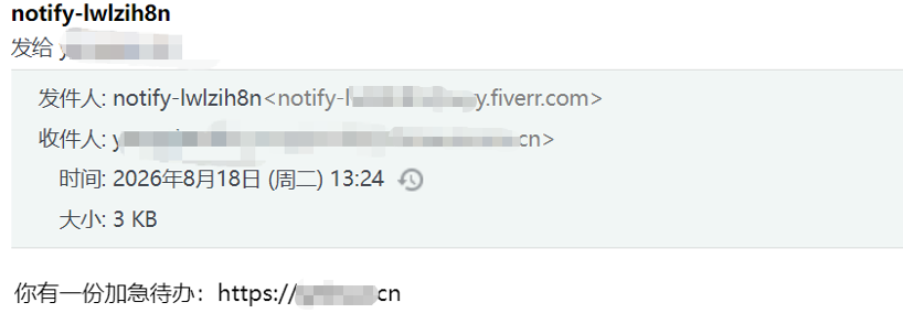可疑邮件截图:fiverr.com随机字符发件人发送加急待办钓鱼通知