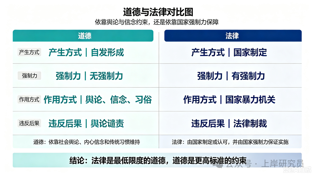 道德与法律对比图:依靠舆论与信念约束还是国家强制力保障