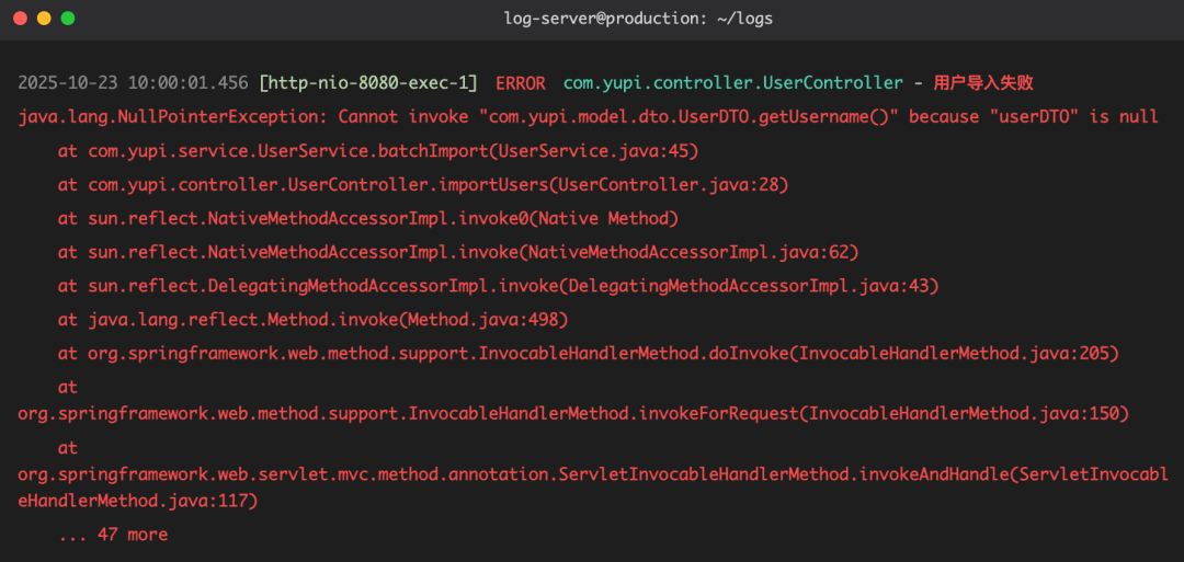 包含完整堆栈信息的错误日志