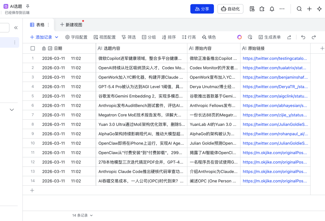 飞书多维表格中存储的 AI 选题内容