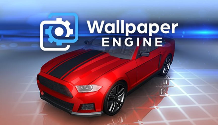 Wallpaper Engine应用宣传图，展示红色跑车动态壁纸
