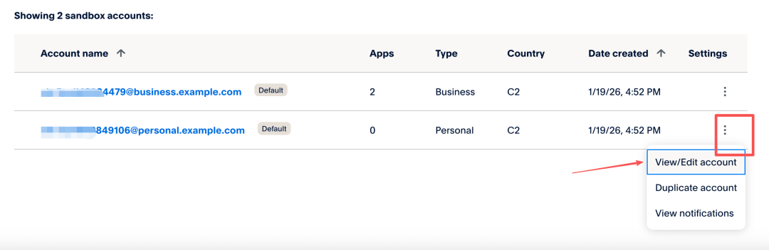 沙箱账户操作菜单