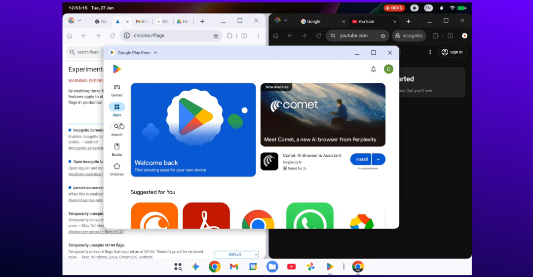 Aluminium OS界面截图，显示多窗口与居中任务栏