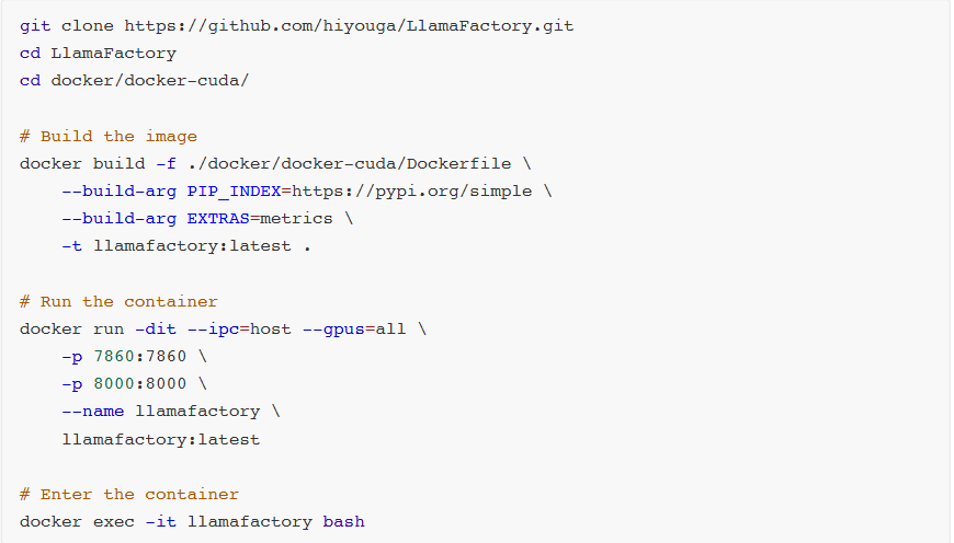 LlamaFactory Docker构建与运行命令截图:`git clone`、`docker build`、`docker run`、`docker exec`