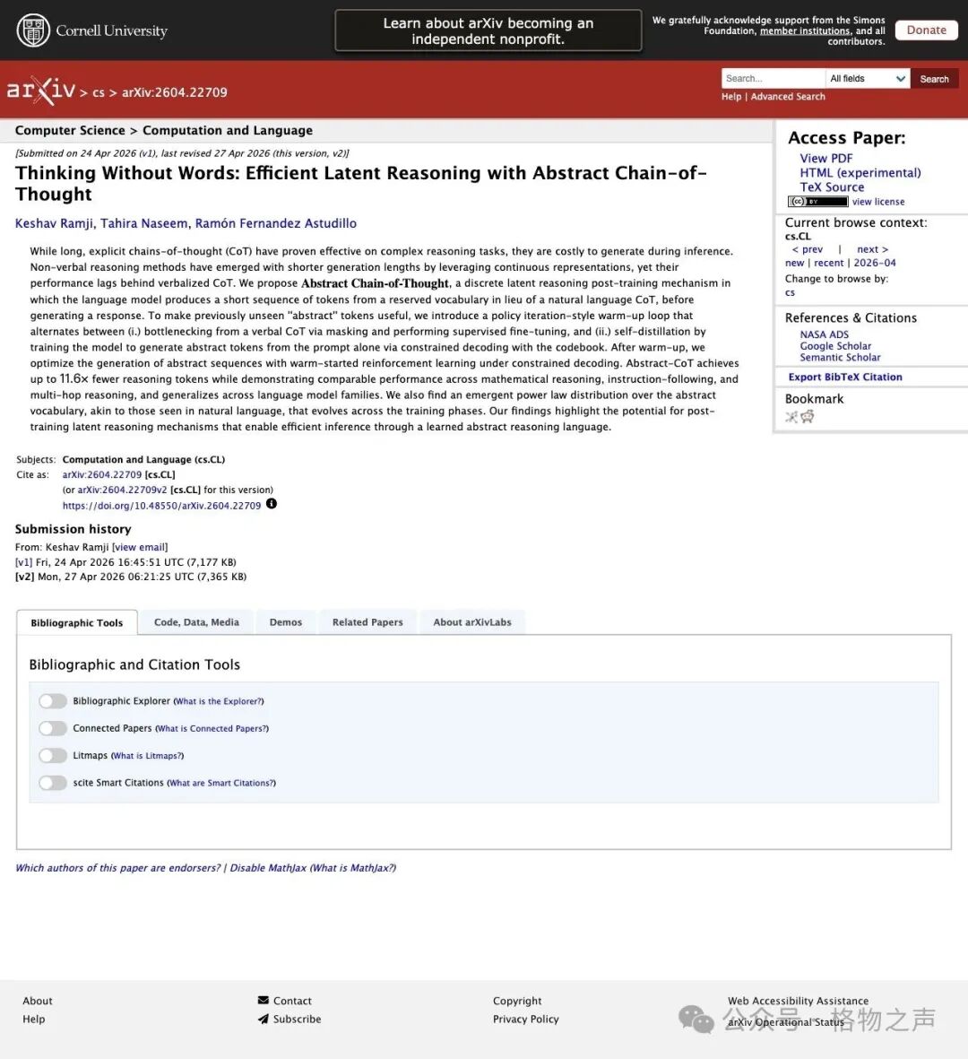 arXiv 论文页面截图，论文编号 2604.22709，标题为 Thinking Without Words，介绍抽象思维链方法