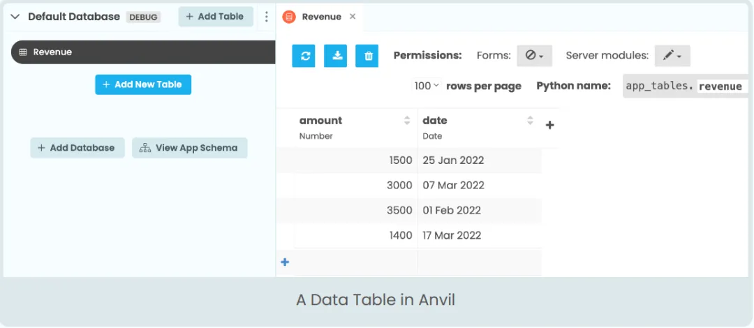 Anvil 数据表界面：创建和管理 Revenue 表