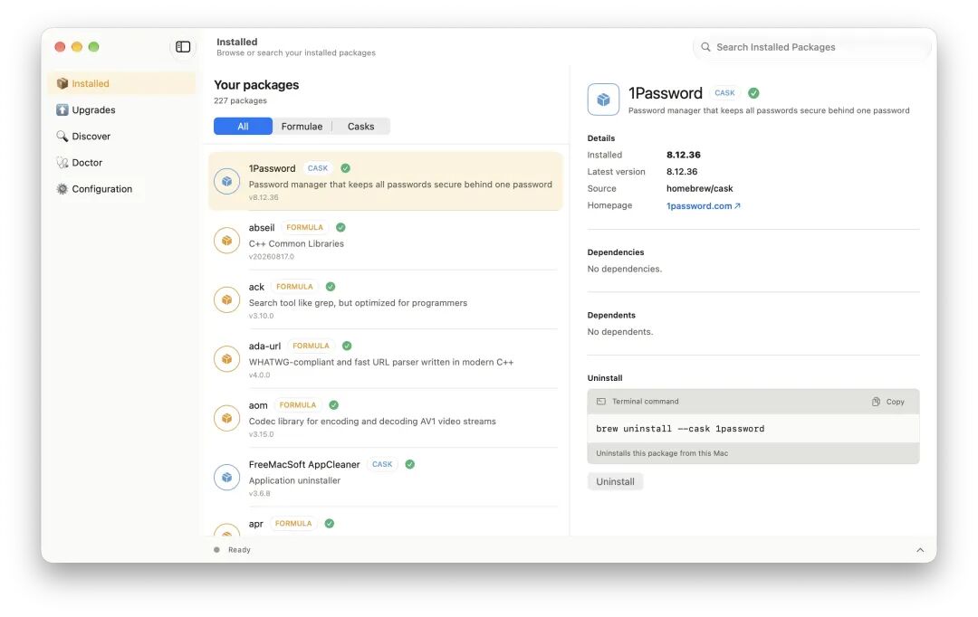 Homebrew BrewUI 包管理器界面,显示已安装软件包列表与 1Password 详情面板