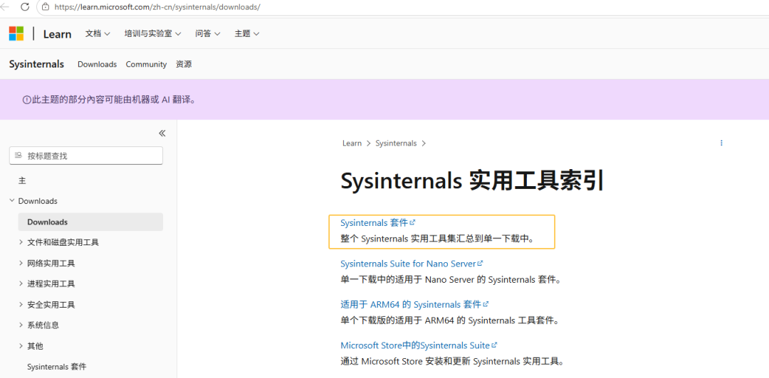 Microsoft Learn 上 Sysinternals 实用工具索引页面