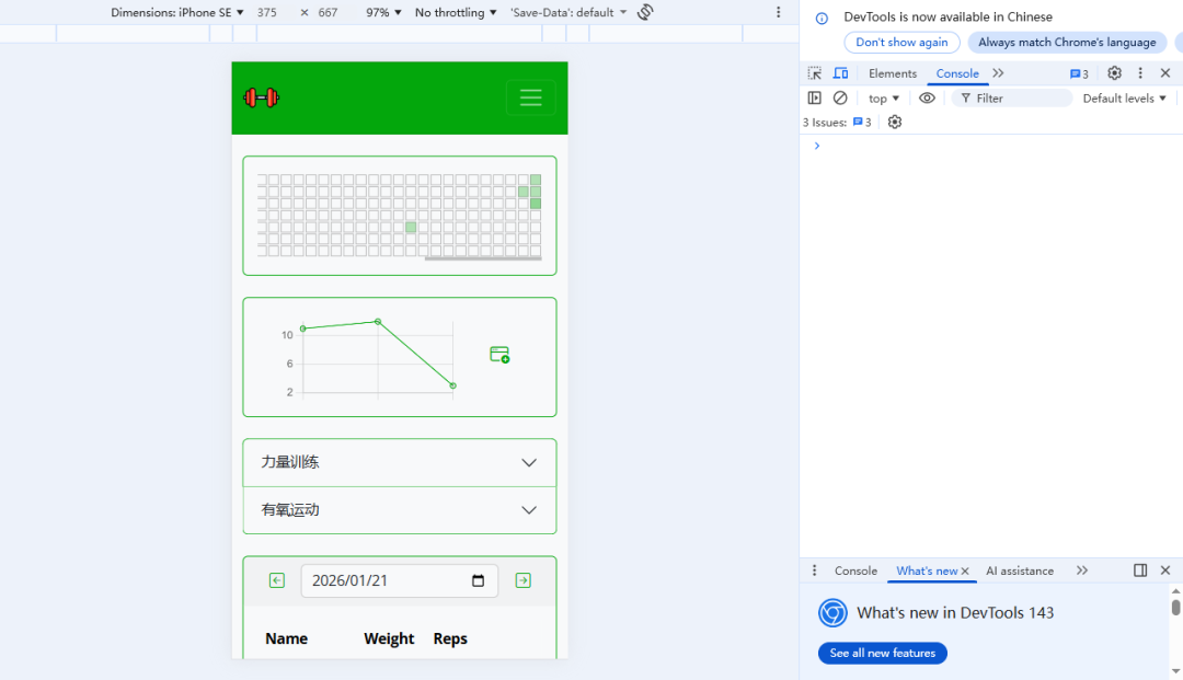 Exercise Diary 在手机浏览器中的显示效果