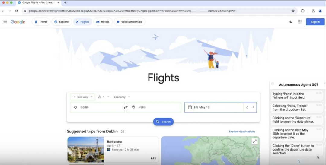 Google Flights 航班搜索页面与 Autonomous Agent 007 操作日志