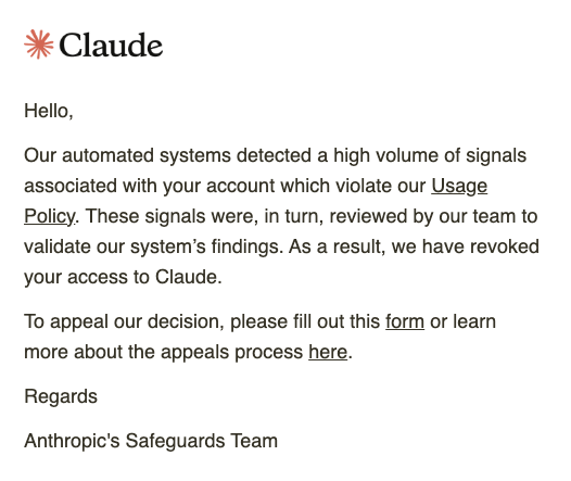 Claude账号封禁警告邮件截图
