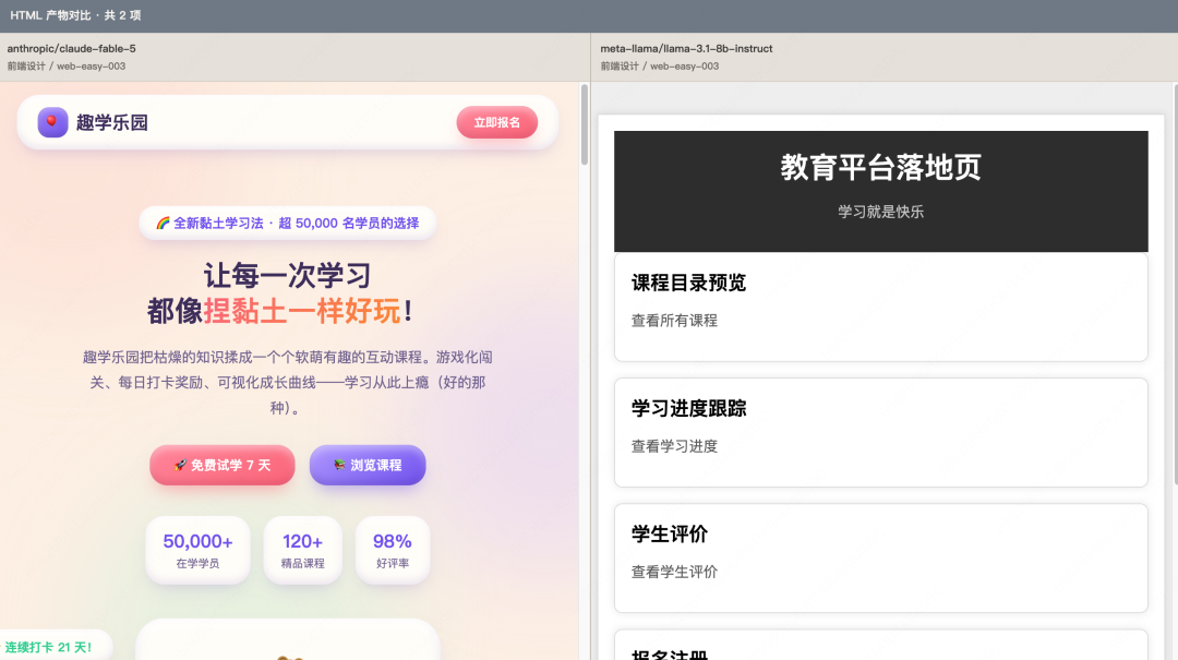 左 Claude-Fable-5 右 Llama 的教育平台落地页对比