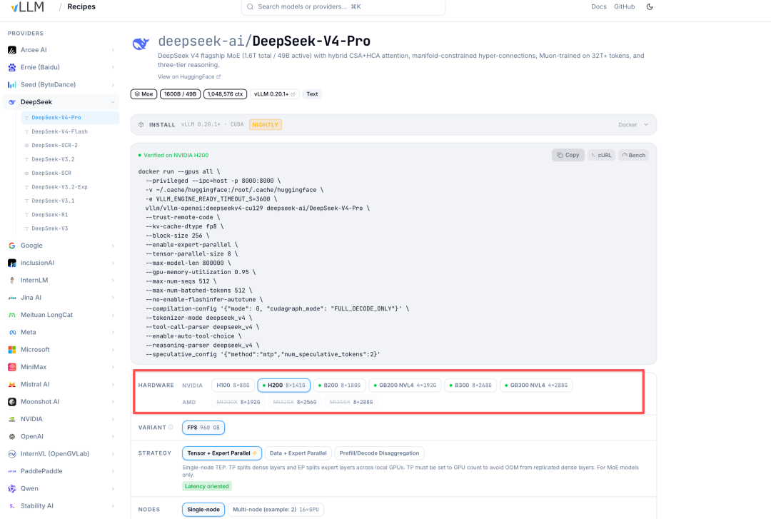 vLLM Recipes DeepSeek V4 Pro部署配置