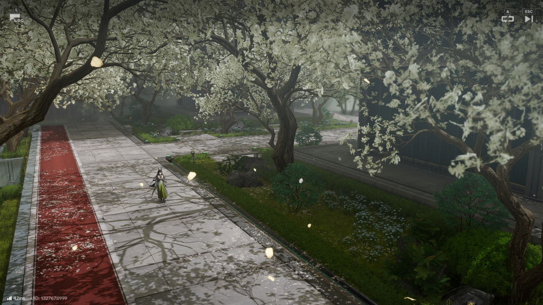 角色站在铺满花瓣的庭院小径上