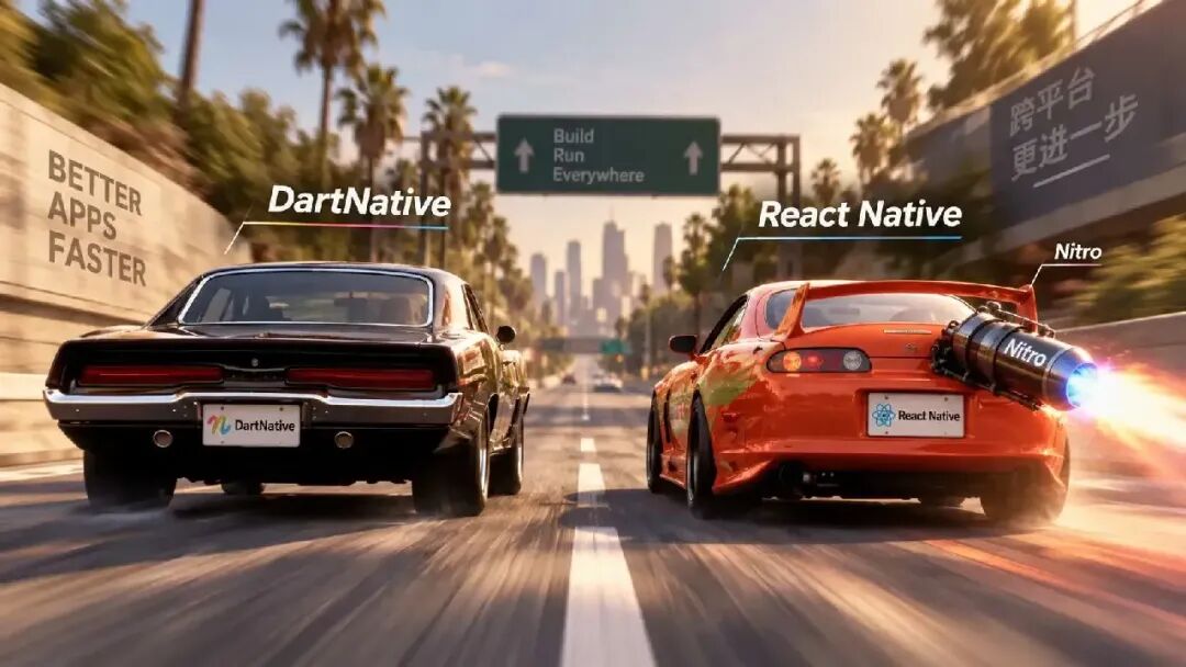 DartNative 对比 React Native Nitro 性能竞速宣传图
