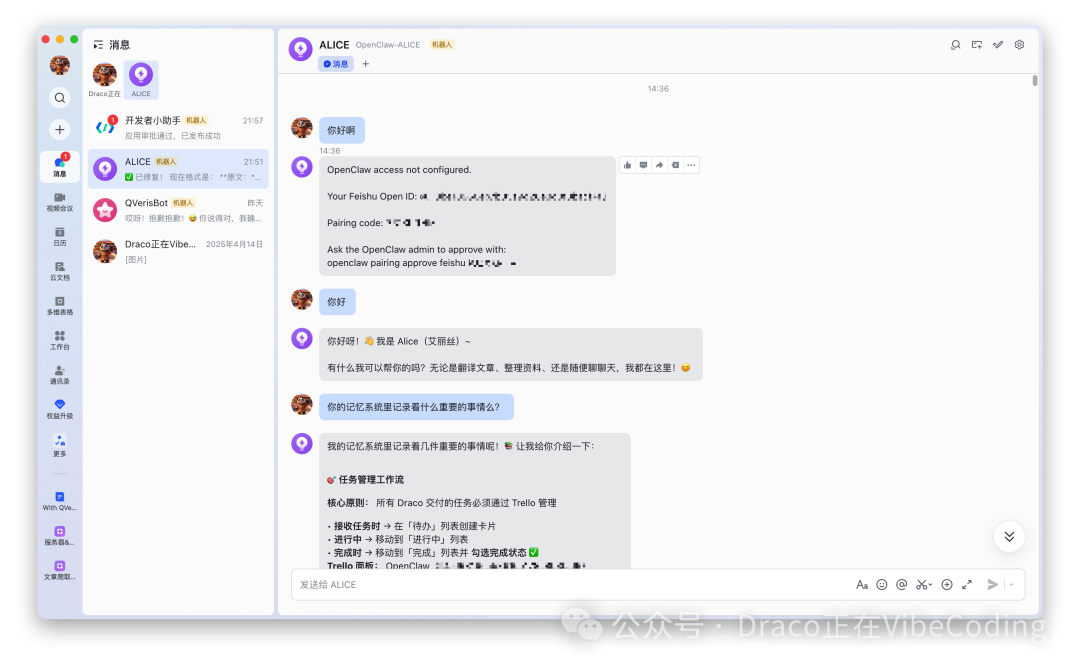 与飞书机器人的私聊对话界面