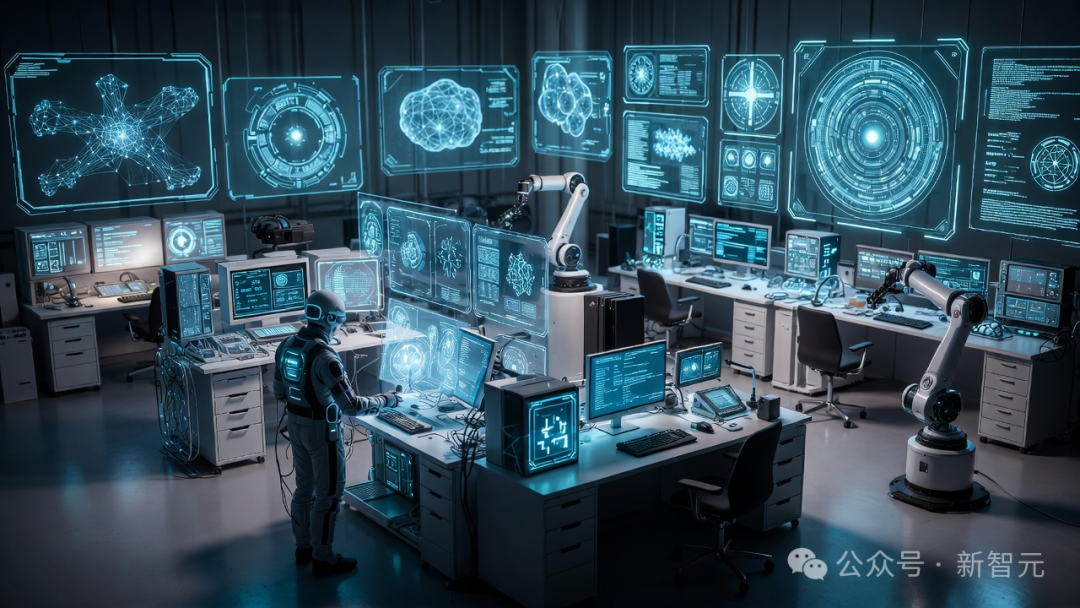 一个充满未来科技感的控制中心,一名身穿宇航服的人站在工作台前操作设备,周围布满发光的全息屏幕,显示着神经网络、机械结构等数据图形