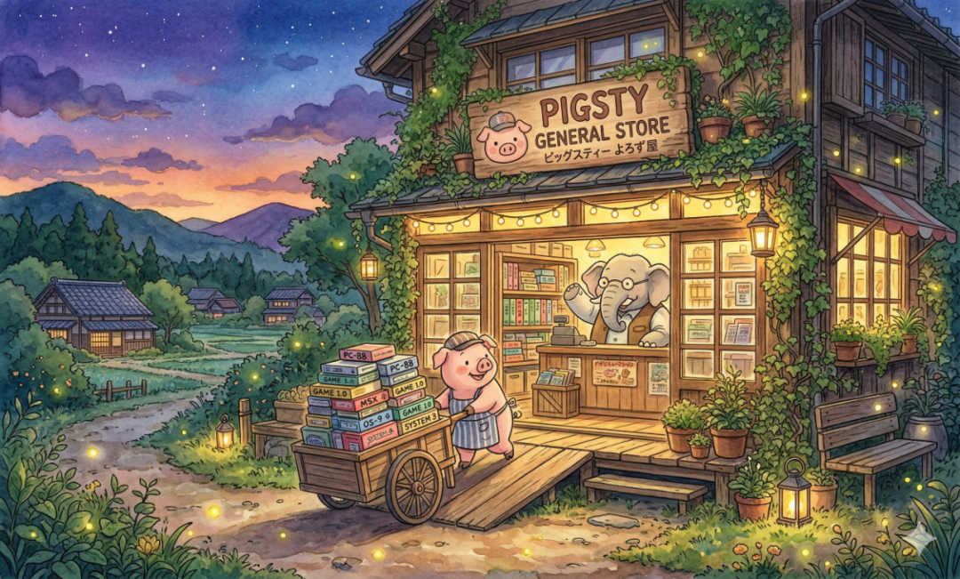 温馨的 Pigsty 杂货店卡通插画