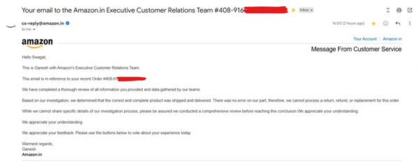 亚马逊客服回复邮件截图，内容为拒绝用户关于订单的退款与退货申请
