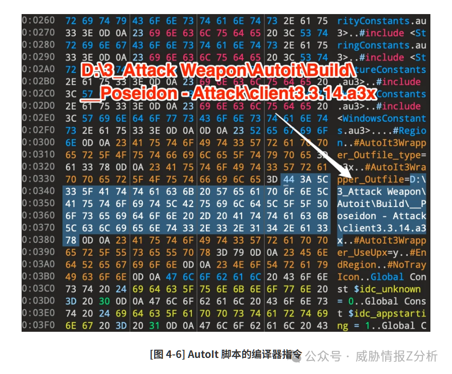 显示内部构建路径“Poseidon - Attackclient3.3.14.a3x”的AutoIt编译器指令截图