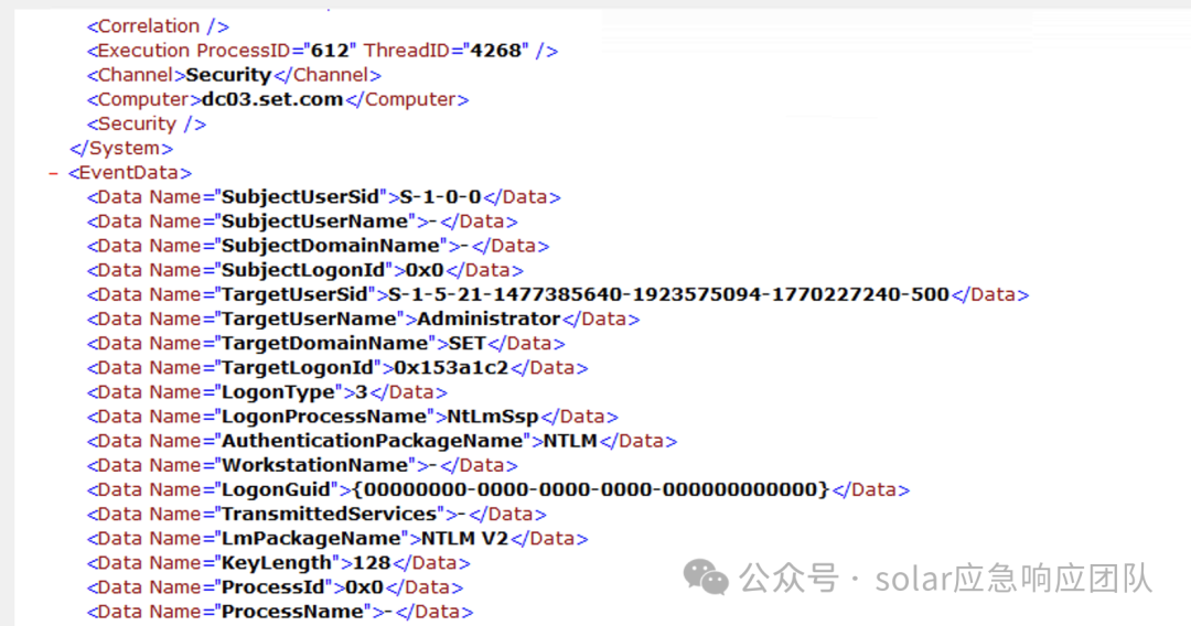 事件详情：Administrator以NTLM登录（LogonType 3，来自dc03.set.com）