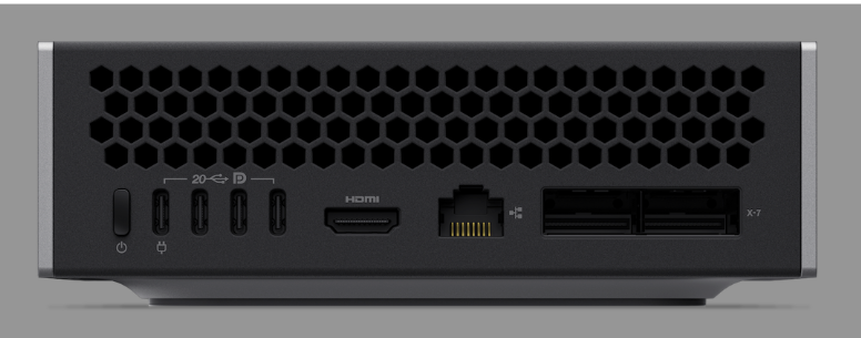 ThinkStation PGX背面接口图:20-V供电口、USB-C、USB-A、HDMI、网线接口及X-7扩展槽