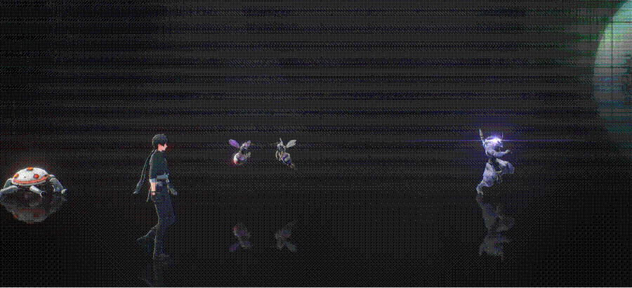 科幻战斗场景动态图，角色与机械生物对战