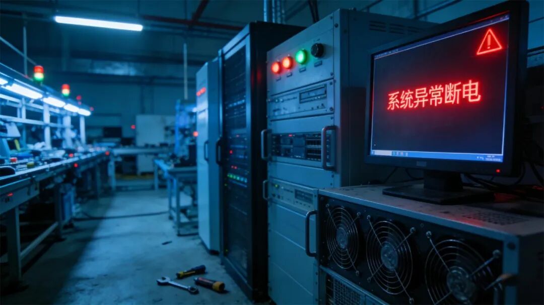 工业场景中的服务器机柜与控制面板，显示器显示“系统异常断电”警告