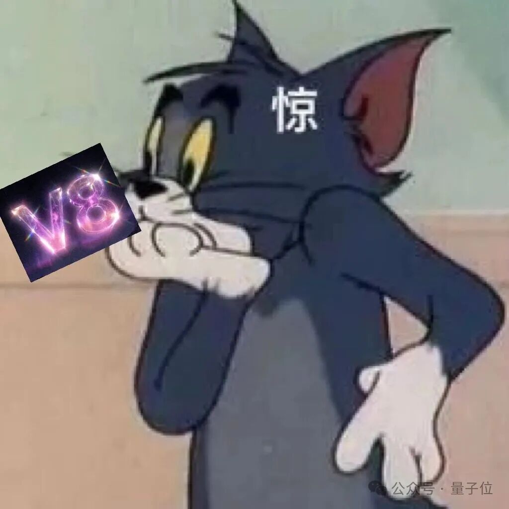 汤姆猫表情惊讶,手捂嘴,额头有“惊”字,叠加“V8”标志