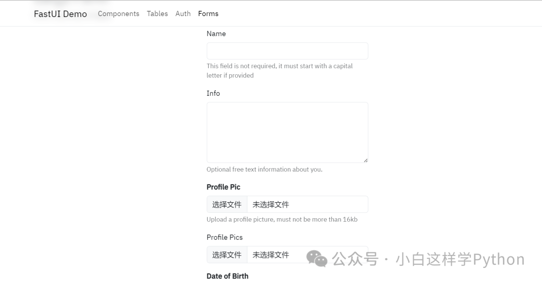 FastUI Demo表单界面，包含输入框、文件上传和日期选择器等组件