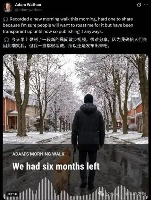 Adam Wathan发布的“晨间散步”视频封面，标题暗示危机