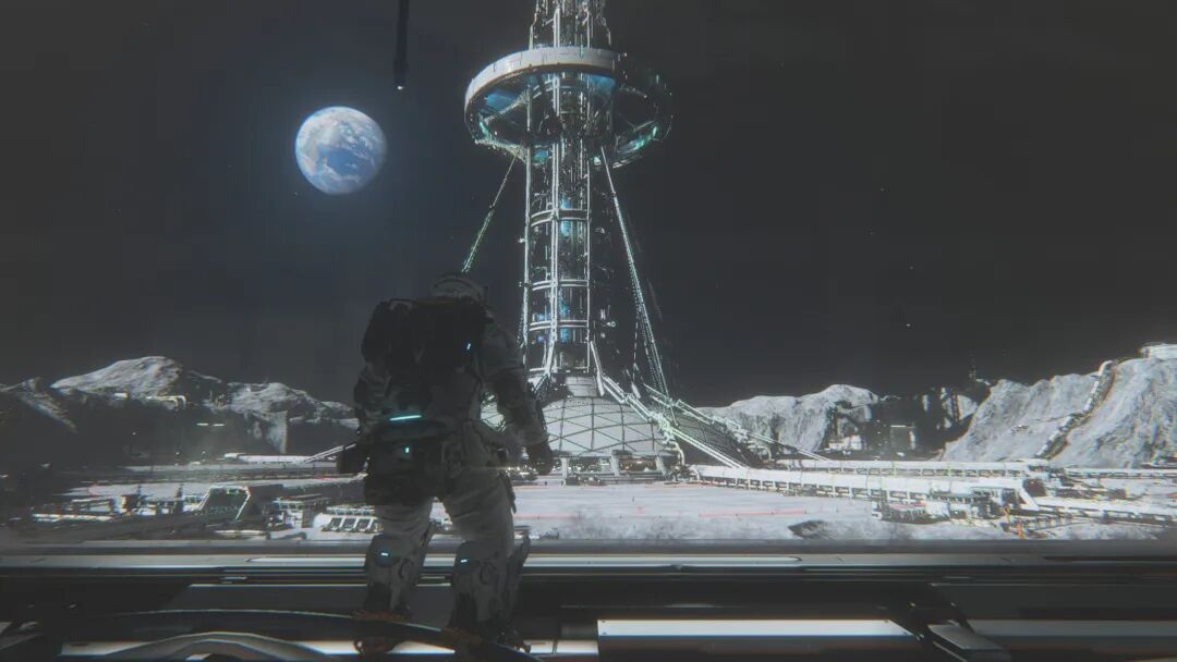 月球基地外的宇航员眺望地球