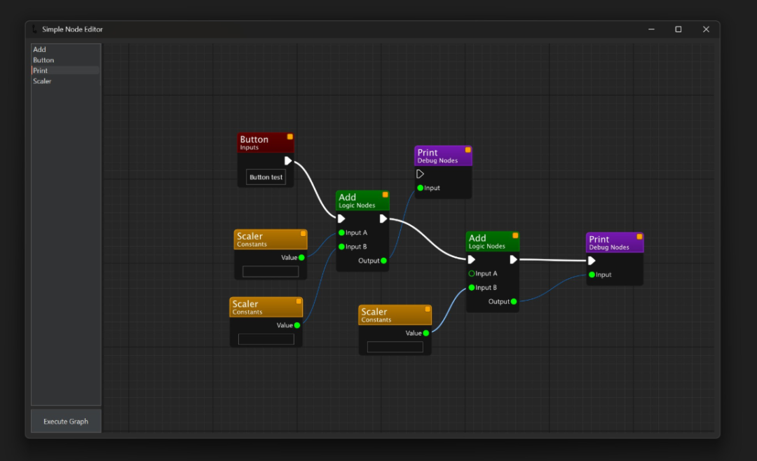 节点编辑器界面：展示Button、Add、Print等节点连接示例