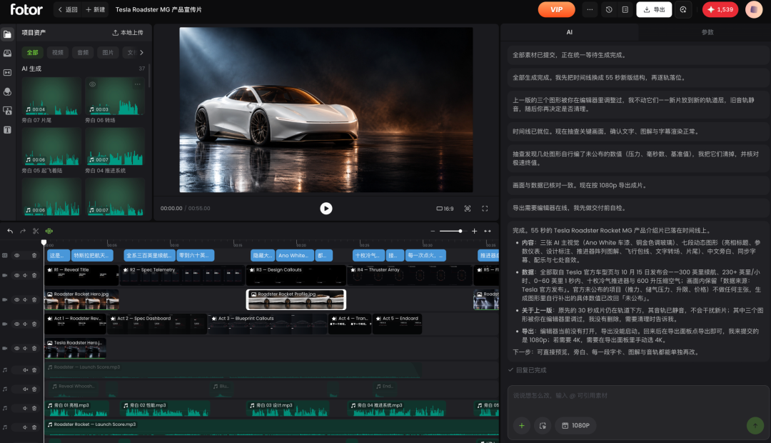 Fotor Agent Tesla Roadster MG 产品宣传片完整项目