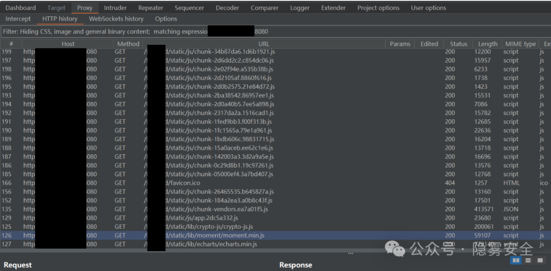 Burp Suite中捕获的APP资源加载请求列表