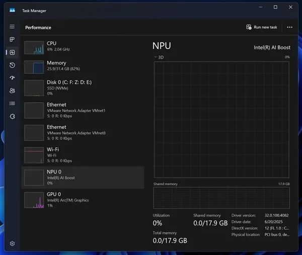 任务管理器性能页面中的Intel AI Boost NPU详情