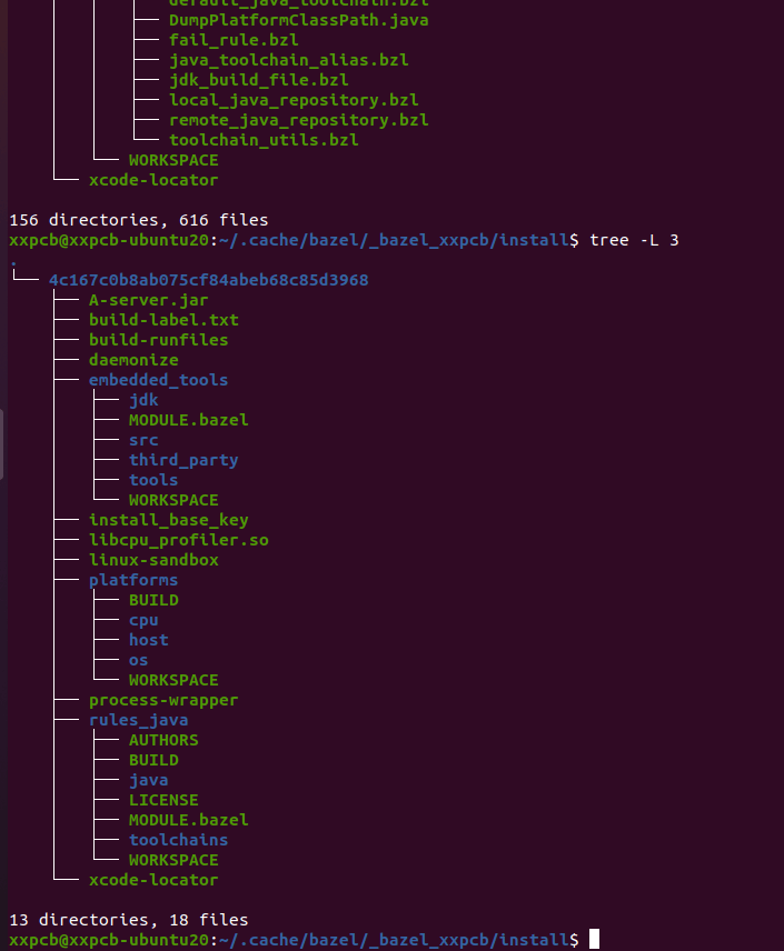 Bazel install 安装目录的树状结构,包含 A-server.jar、embedded_tools、rules_java 等