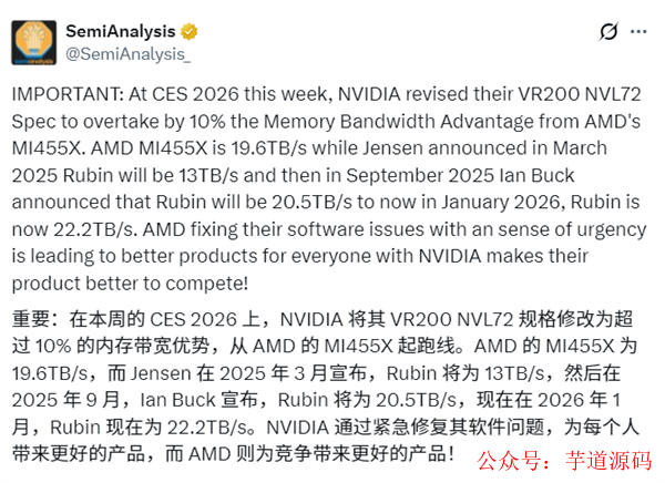 SemiAnalysis 关于 NVIDIA Rubin 规格的推文