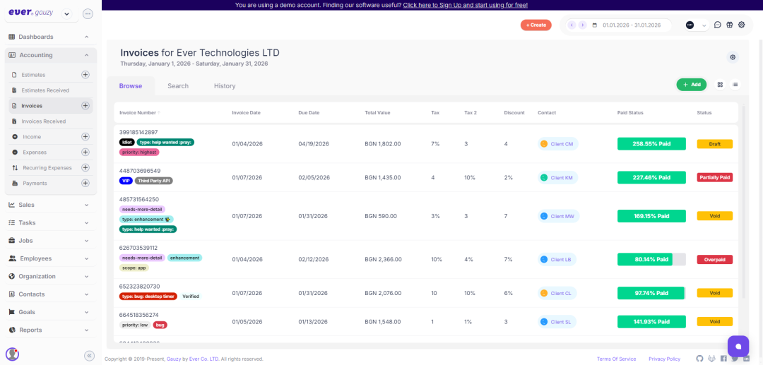 Ever Gauzy 发票管理列表