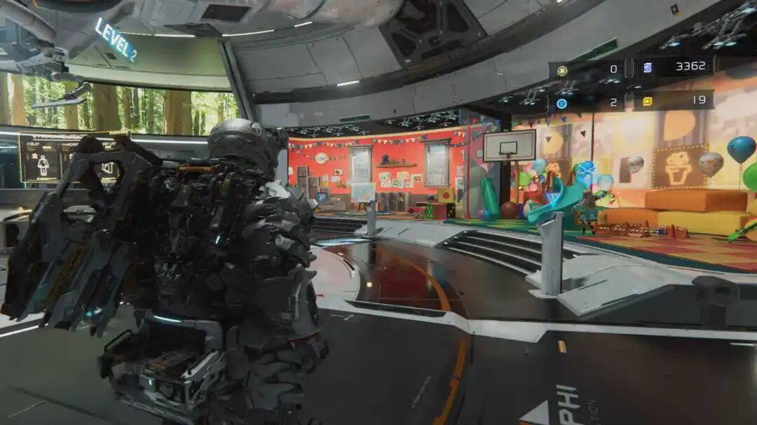 充满儿童玩具和篮球架的月球基地场景