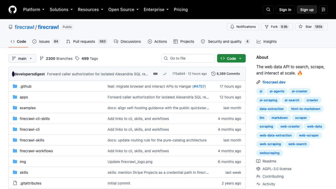 Firecrawl GitHub 仓库首页 Star 185k