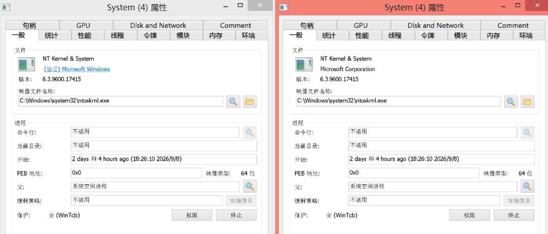 两个 System(4) 属性窗口对比:文件信息均为 NT Kernel & System