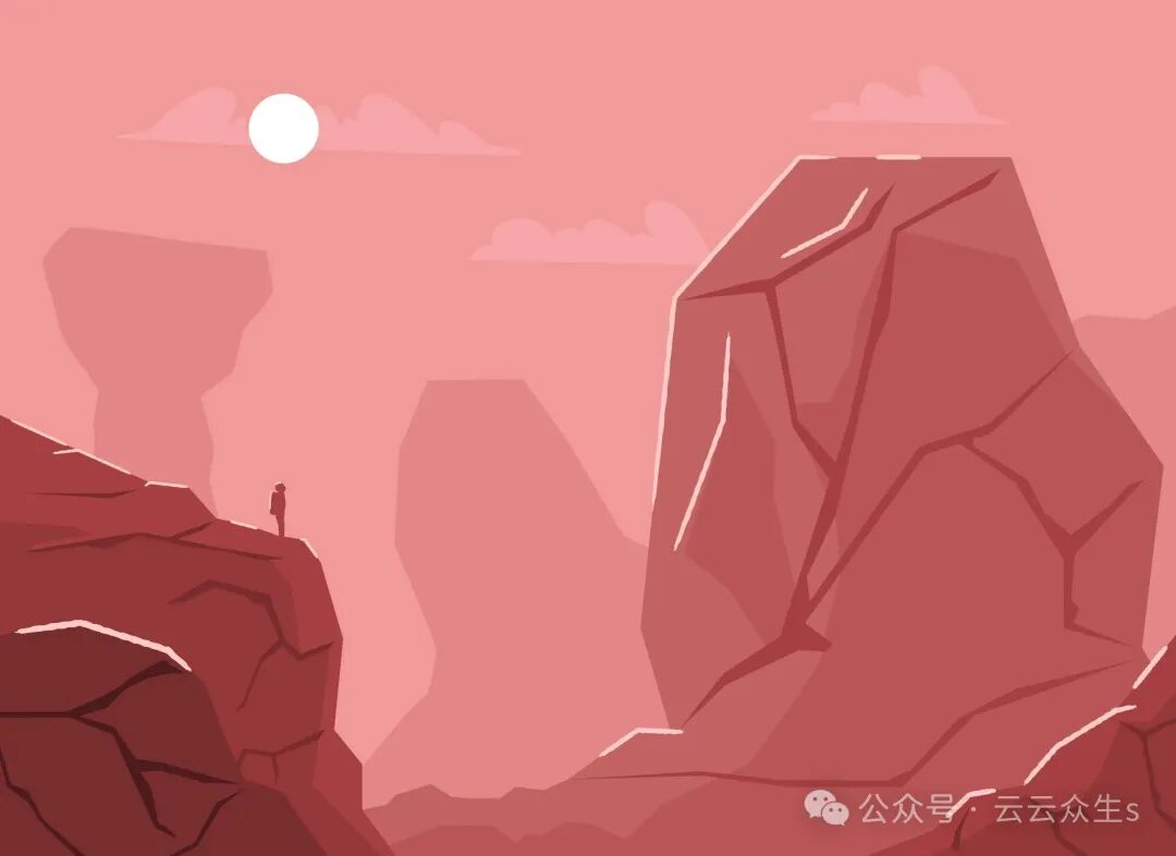 一幅描绘荒凉岩石峡谷的插画，前景有一个黑色剪影的小人