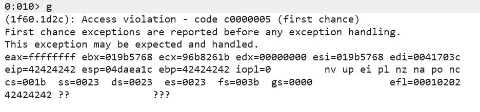 调试器显示 EIP 被覆盖为 0x42424242