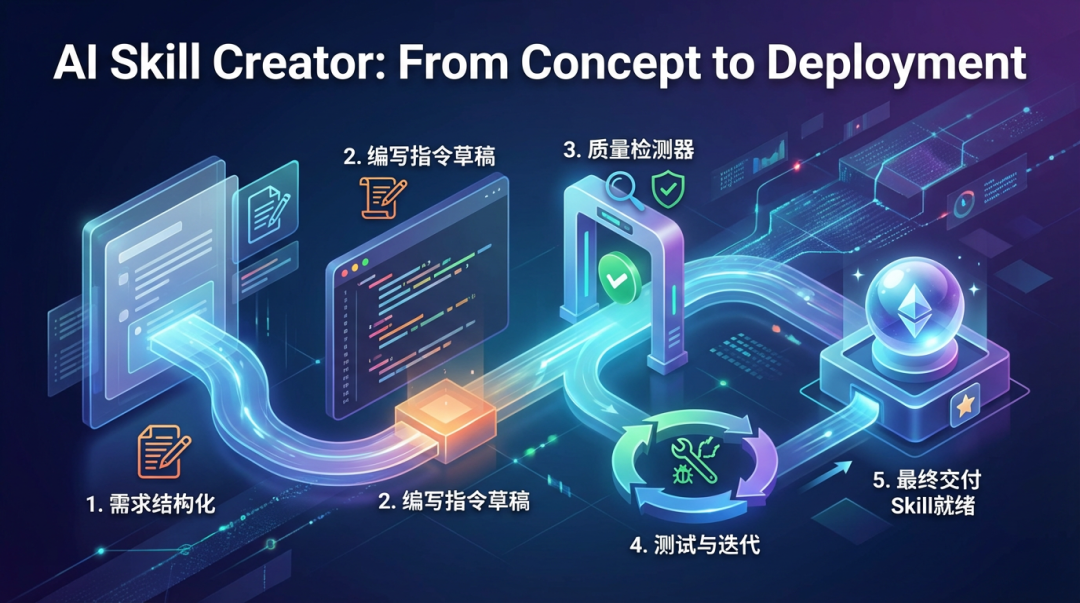 AI Skill从概念到部署的五个步骤科技感流程图